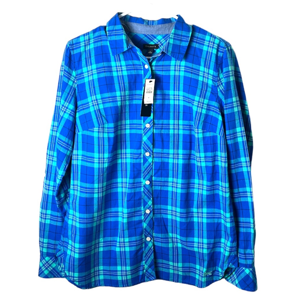 TALBOTS Size Medium Blue Plaid Button Front Roll Tab Sleeve Shirt